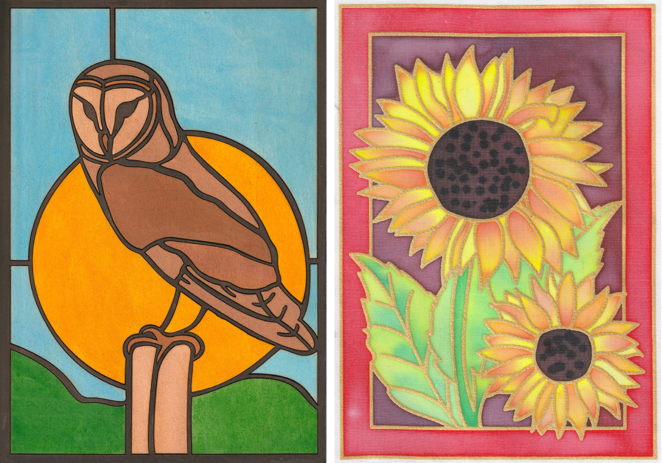 Paintings: a wood jigsaw painting of an owl and a silk painting of flowers