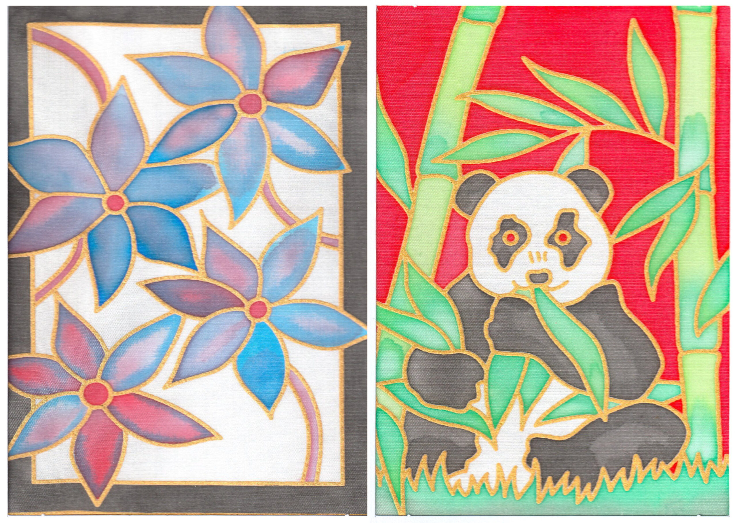 Paintings from our craft packs: silk paintings of flowers and a panda